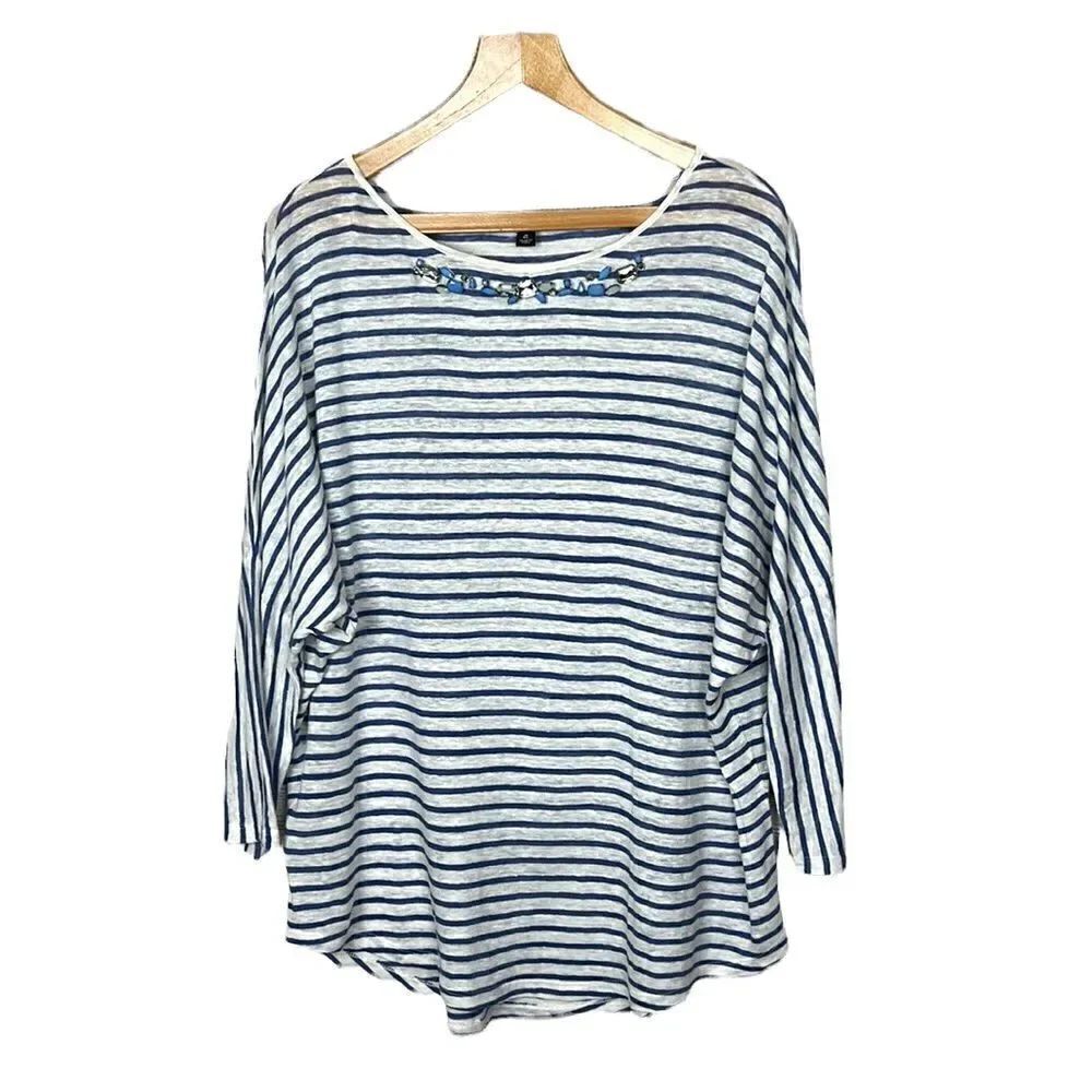 Ann Taylor Jewel Collar Striped 100% Linen Dolman Sleeve Top